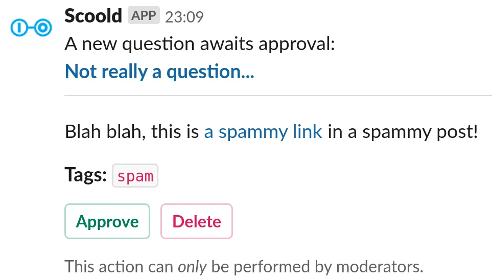 Integration screenshot - Approve questions and answers without leaving the channel